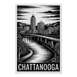 Póster Horizonte de Chattanooga Tennessee en negro y blan
