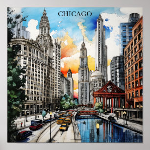 Póster Horizonte de Chicago Acuarela – Ciudad del Viento 