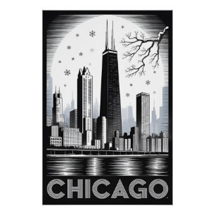 Póster Horizonte de Chicago Illinois Grabado en Madera Bl
