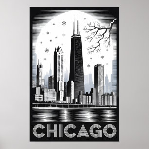 Póster Horizonte de Chicago Illinois Grabado en Madera Bl