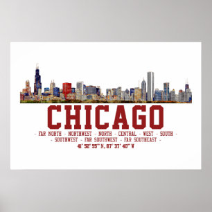 Póster Horizonte de Chicago. Nombres y Coordenadas de Áre