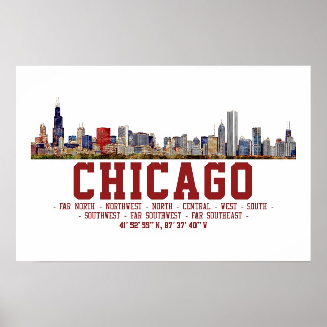 Póster Horizonte de Chicago. Nombres y Coordenadas de Áre (Frente)