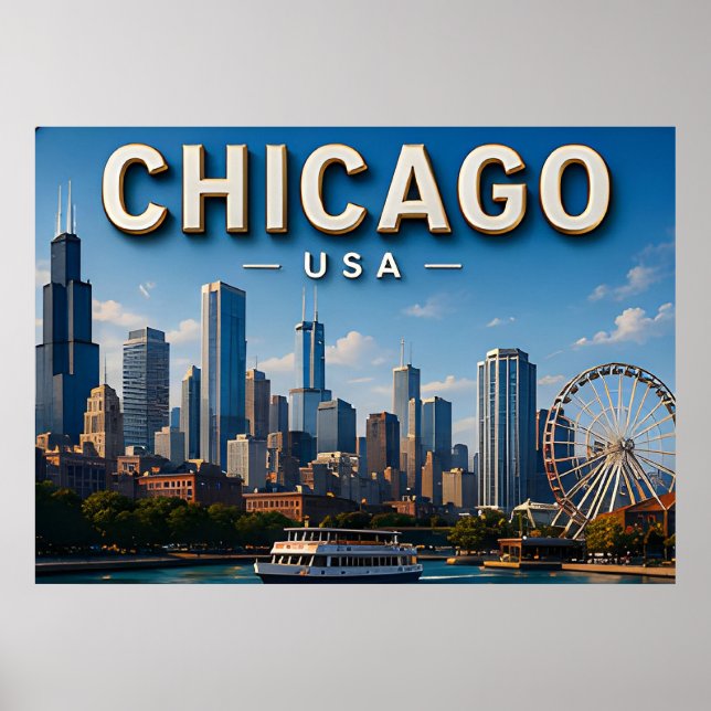 Póster Horizonte de Chicago y Lago Michigan (Frente)