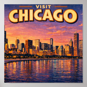 Póster horizonte de Chicago y lago Michigan al atardecer