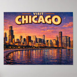 Póster horizonte de Chicago y lago Michigan al atardecer