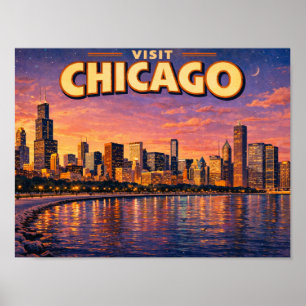 Póster horizonte de Chicago y lago Michigan al atardecer