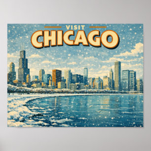 Póster horizonte de Chicago y lago Michigan en invierno 