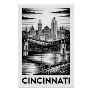 Póster Horizonte de Cincinnati Ohio en negro y blanco en 