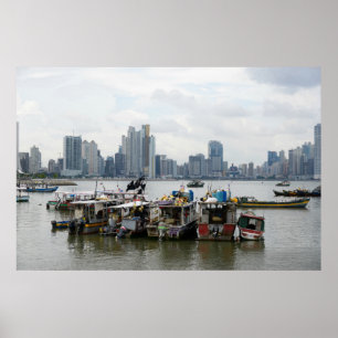 Póster Horizonte de ciudad de Panamá con los barcos de