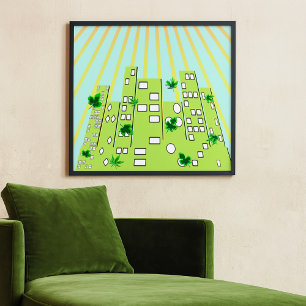 Póster Horizonte de Ciudad Ecológica Verde con Hojas Flot