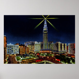 Póster Horizonte de Cleveland Ohio en la noche