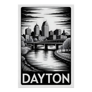 Póster Horizonte de Dayton Ohio en negro y blanco estilo 