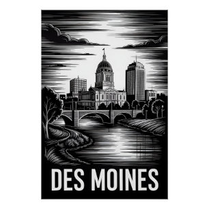 Póster Horizonte de Des Moines Iowa en negro y blanco est