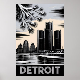 Póster Horizonte de Detroit en grabado en madera de invie