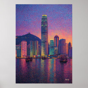 Póster Horizonte de Hong Kong Puntillismo Ciudad Paisaje 