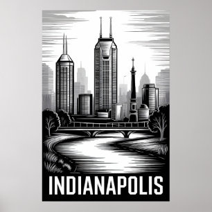 Póster Horizonte de Indianápolis Indiana en negro y blanc