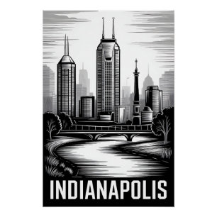 Póster Horizonte de Indianápolis Indiana en negro y blanc