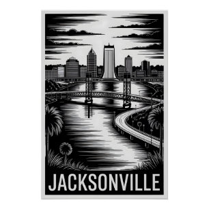 Póster Horizonte de Jacksonville Florida en negro y blanc