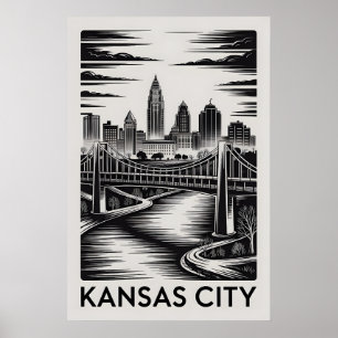 Póster Horizonte de Kansas City Missouri en negro y blanc