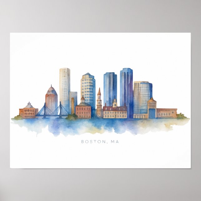 Póster Horizonte de la ciudad de Boston en acuarela | Mod (Frente)