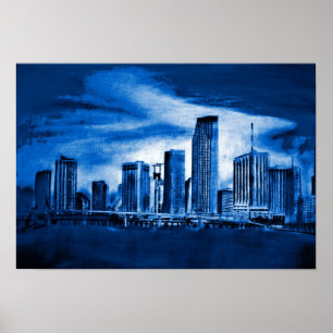 Póster Horizonte de Miami en azul