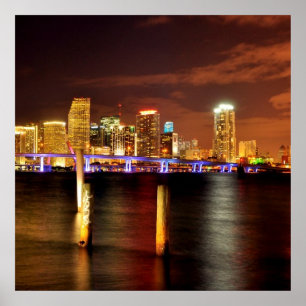 Póster Horizonte de Miami en la noche, la Florida