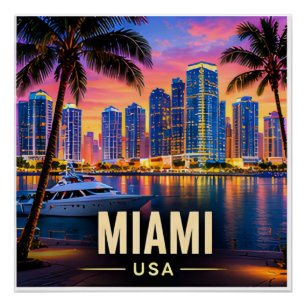 Póster Horizonte de Miami Florida EE. UU. Playas Noches T