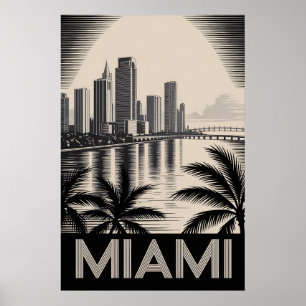 Póster Horizonte de Miami Florida en negro y blanco estil