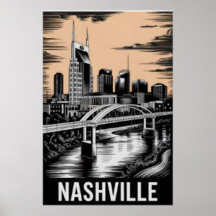 Póster Horizonte de Nashville Tennessee en negro y blanco