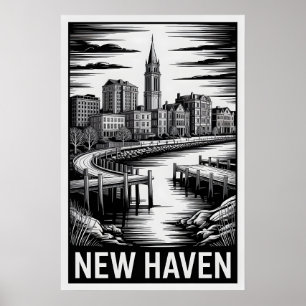 Póster Horizonte de New Haven Connecticut en negro y blan