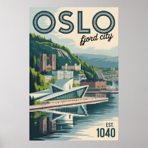 Póster Horizonte de Oslo Noruega Ciudad Retro Paisajes Vi