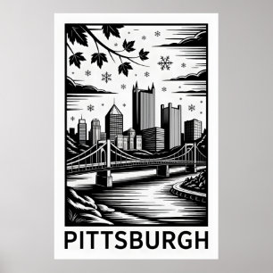 Póster Horizonte de Pittsburgh en blanco y negro en invie