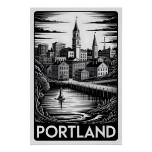 Póster Horizonte de Portland Maine en Grabado de Madera e
