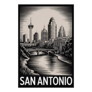 Póster Horizonte de San Antonio Texas en grabado de mader