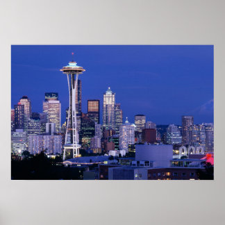 Póster Horizonte de Seattle al anochecer