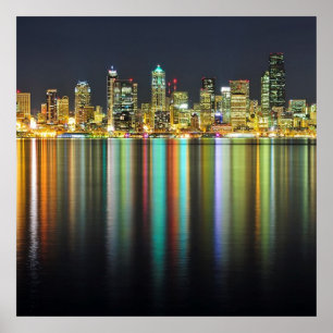 Póster Horizonte de Seattle en la noche con la reflexión
