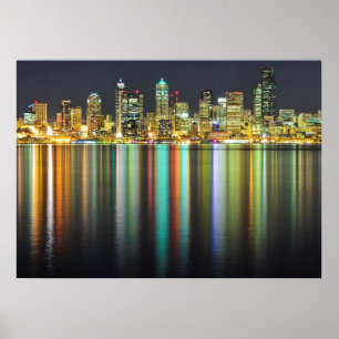 Póster Horizonte de Seattle en la noche con la reflexión