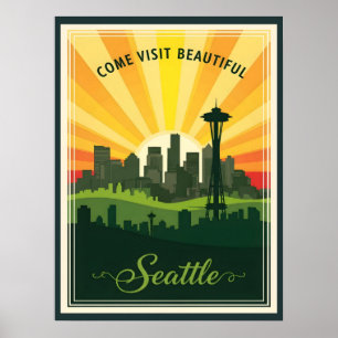 Póster Horizonte de Seattle retro con aguja espacial al a