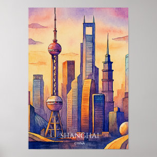 Póster Horizonte de Shanghái Viaje a China Acuarela