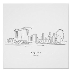 Póster Horizonte de Singapur Arte de Línea Minimalista