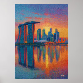 Póster Horizonte de Singapur Marina Bay Sands puntillismo