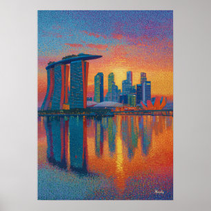 Póster Horizonte de Singapur Marina Bay Sands puntillismo