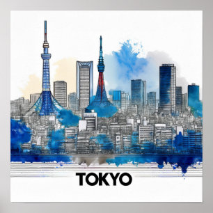 Póster Horizonte de Tokio en acuarela de Japón Tokio