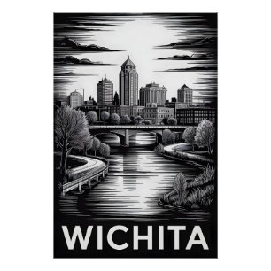 Póster Horizonte de Wichita Kansas en negro y blanco en e