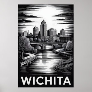 Póster Horizonte de Wichita Kansas en negro y blanco en e