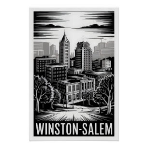 Póster Horizonte de Winston-Salem NC Negro Blanco Xilogra