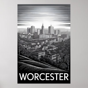 Póster Horizonte de Worcester Massachusetts en negro y bl