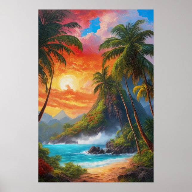 Póster Horizonte dorado, atardecer en una encantadora pla (Frente)