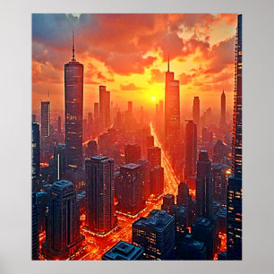 Póster Horizonte Dorado: Atardecer Radiante en la Ciudad 