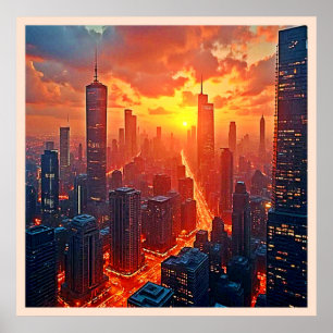 Póster Horizonte Dorado: Atardecer Radiante en la Ciudad 